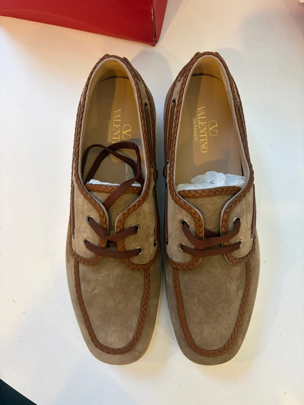 Valentino Suede Braided-Trim Boat Shoes in Tan and Brown